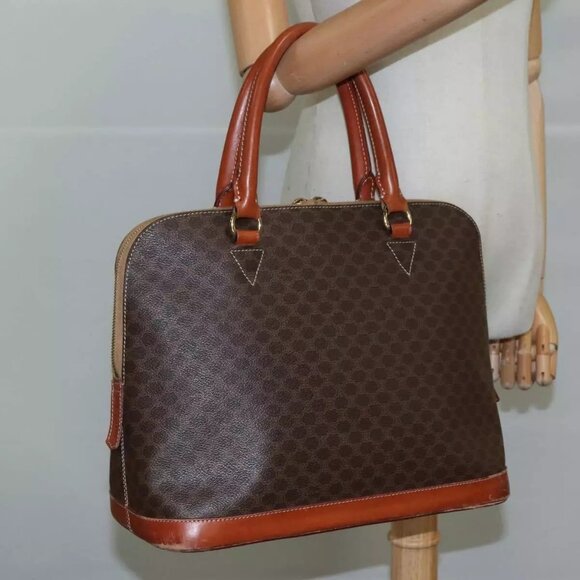 CELINE Macadam Canvas Hand Bag PVC Leather Brown Gold Auth - Picture 1 of 16